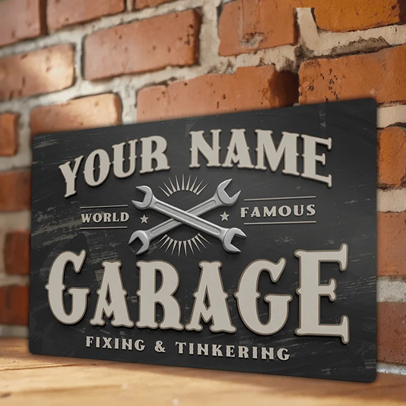Letrero de Garaje con Nombre Personalizado - Letrero de Aluminio Vintage Personalizado para Cuarto de Hombre, Taller, Decoración de Bar, Pre-perforado para Colgar Fácilmente