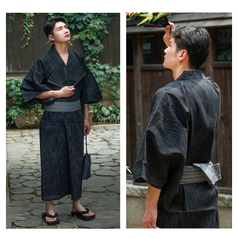 GIORNO SEVEN Kimono japonés para hombre Jimbei SIJIRAORI Jinbei Set Yukata Loungewear Albornoz de baño bata de baño para hombre, A-raya azul marino, M