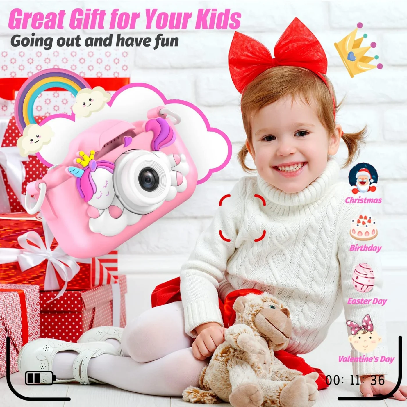 Mini caméra licorne de dessin animé pour enfants, jouets pour filles et garçons, cadeaux d'anniversaire, écran HD 1080P de 2 pouces avec enregistrement sur carte SD, caméra de vie