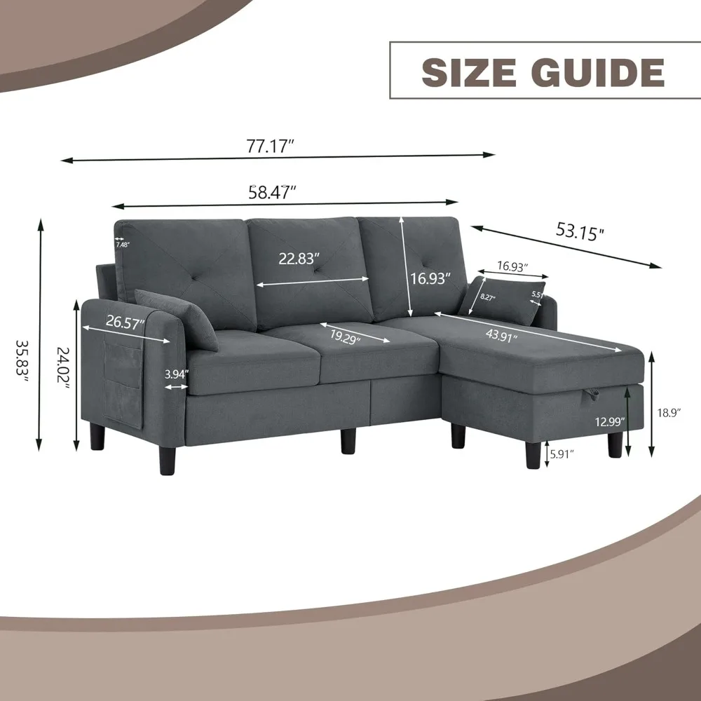 modern 3-seat l-shaped sectional sofa with reversible storage chaise, 77" small couch in polyester fabric