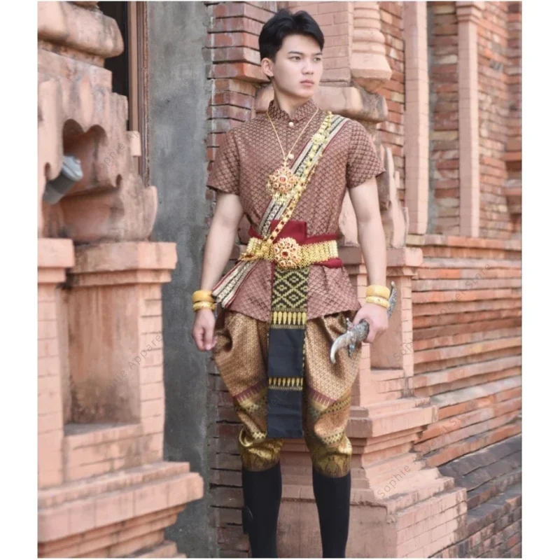 Thai Traditional Clothing for Men Stage Performance Show Shirt Pants National Thailand Outfit Costume Southeast Asian Clothes