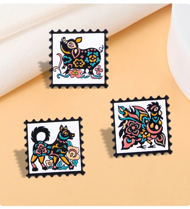 Morkopela Chinese Zodiac Stamp Badge Pin Traditional Animal Enamal Brooch Pins For Bag Clothes Festival Gift