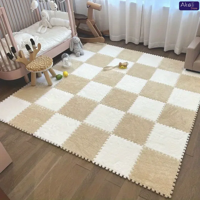 4/12pcs Plush Puzzle Foam Floor Mat Soft Fluffy Interlocking Square Foam Tiles Area Rugs Carpet for Parlor Bedroom Decoration