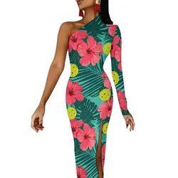 Hibiscus Flower Maxi Dress Long Sleeve Tropical Pickleball Elegant Bodycon Dress Side Split Party Long Dresses Print Clothes