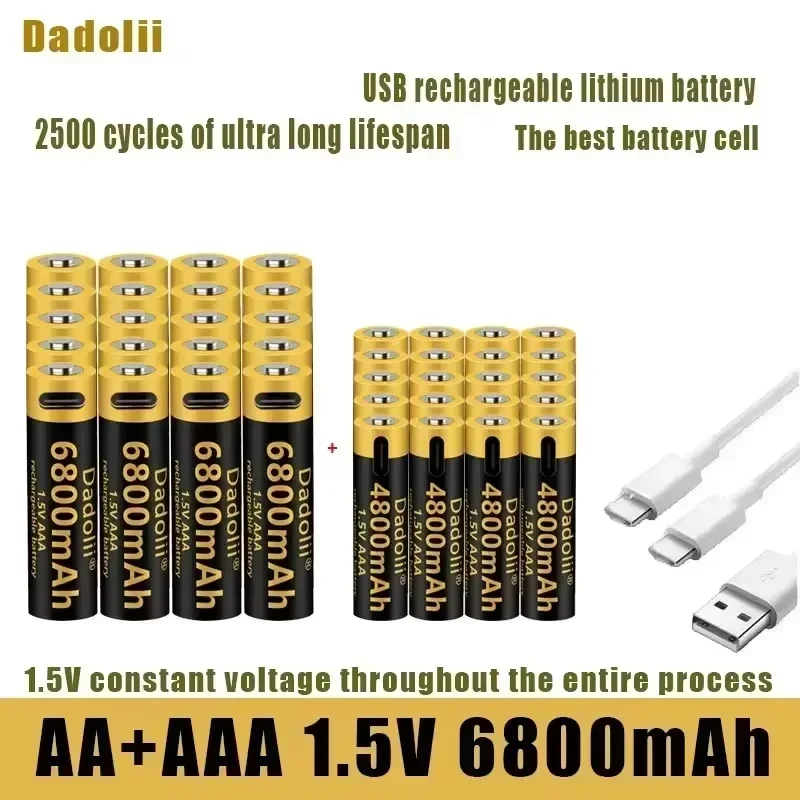 AA AAA Rechargeable Lithium Battery with Real 6800mWh 4800mWh High Capacity USB-C Direct Fast Charge 1.5V for Mic Toy Flashlight