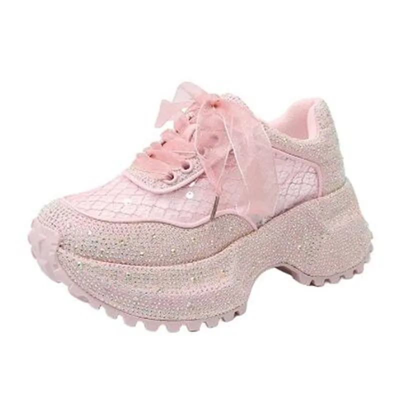 2025 أعلى جودة المرأة شبكة أحذية مشي المرأة الجديدة عادية سميكة وحيد حجر الراين تنفس لامعة الأب أحذية النساء أحذية رياضية #4