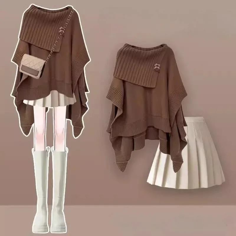 Xgoth women skirt set Korean fashion lazy loose knit sweater pleated mini skirts preppy spring sweet female outfits