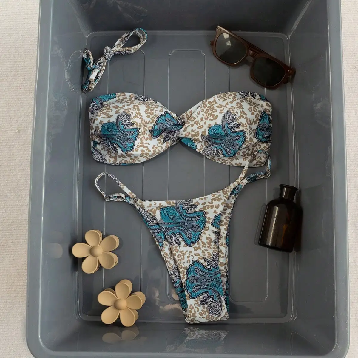 Women Twist Front Bandeau Bikini Set Leopard Paisley Print 2 Piece Swimsuit Detachable Shoulder Straps  Summer Beach Swimwear