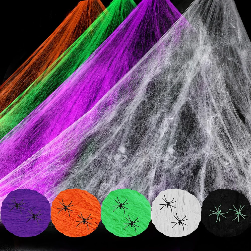 

Colored Halloween Spider Web Stretch Spider Web Colorful Coweb with Plastic Spider Halloween House Indoor Outdoor Home Decoratio