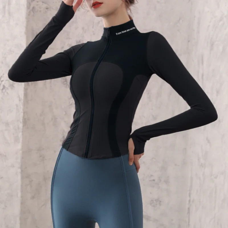 Women Yoga Shirts High Collar Elastic Force Blouse Long Sleeve Skintight Put Together Color Clash Jackets Fitness Sportswear