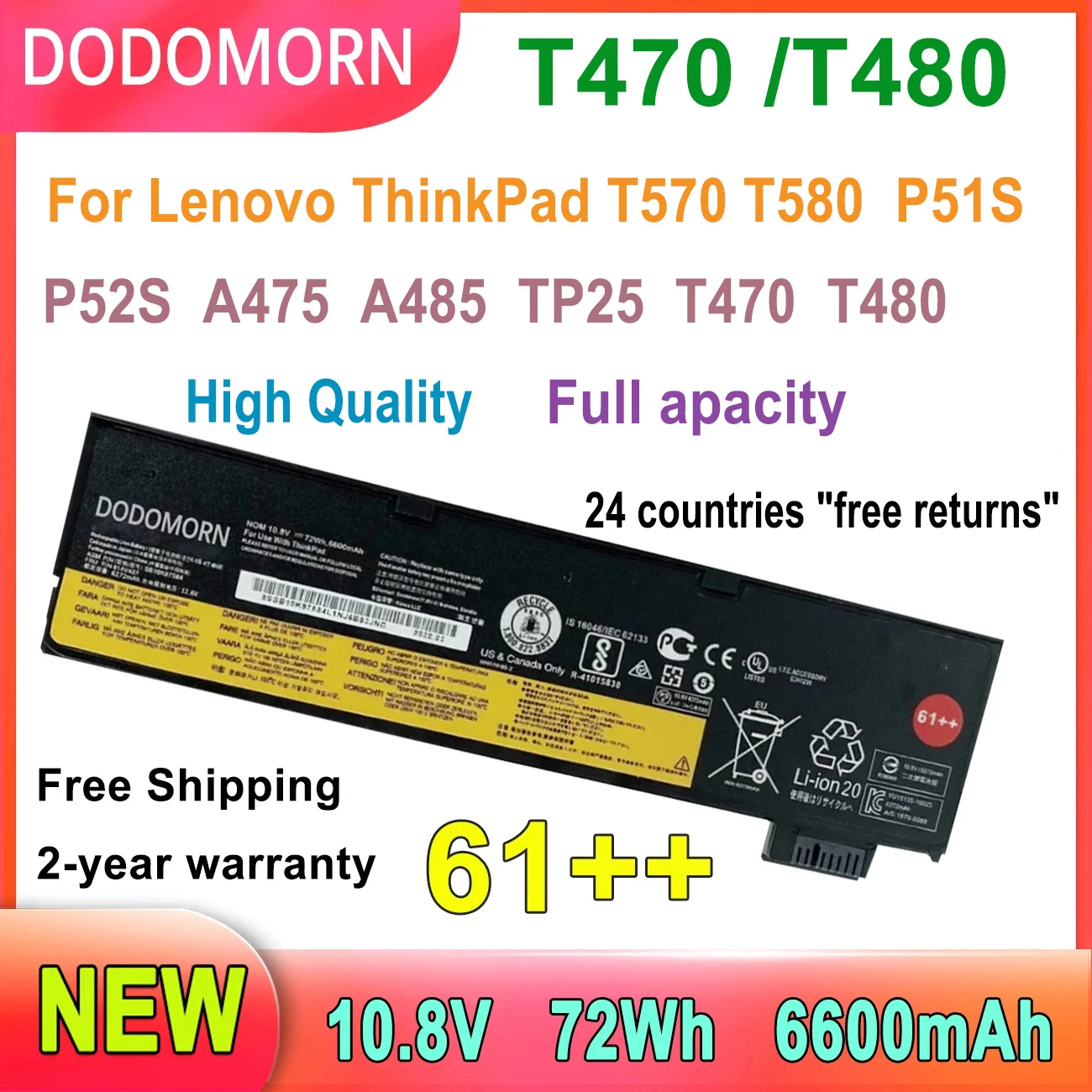DODOMORN 6600mAh Battery For Lenovo ThinkPad T470 T480 T570 T580 P51S A475 TP25 Laptop 01AV427 01AV428 01AV423 SB10K97580 61++