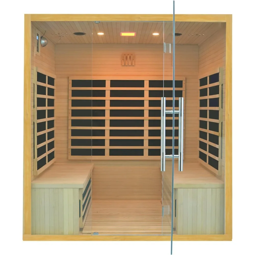 Far Infrared Sauna,11 Low EMF Far Infrared Carbon Panels with Tempered Glass Door 3-4 Person Hemlock Indoor Home Sauna Room