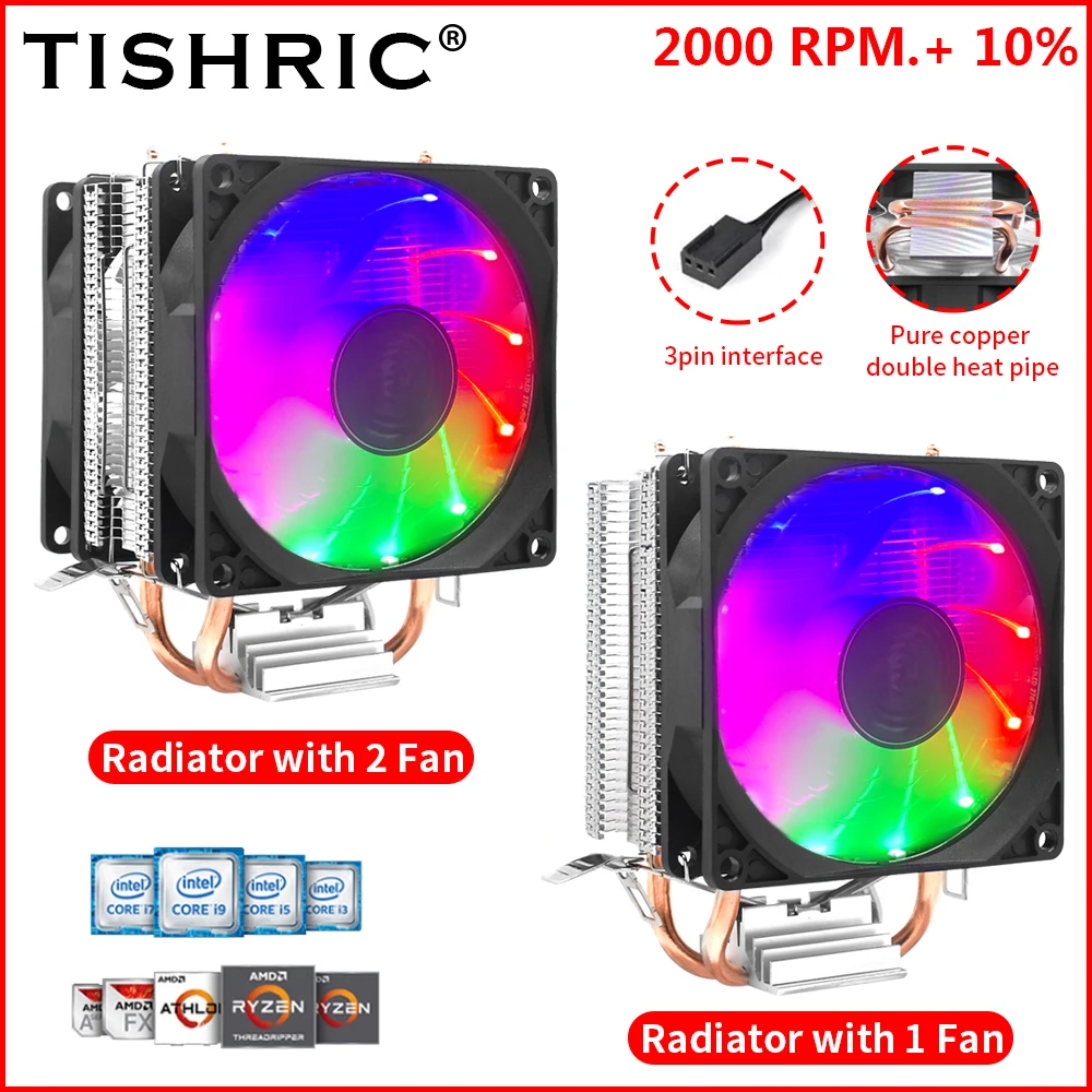 TISHRIC CPUクーラーファン 3ピン PWM RGB 2ヒートパイプ CPU冷却ファン ラジエーター インテル LGA 1700 1150 1151 1155 115X ヒートシンク用