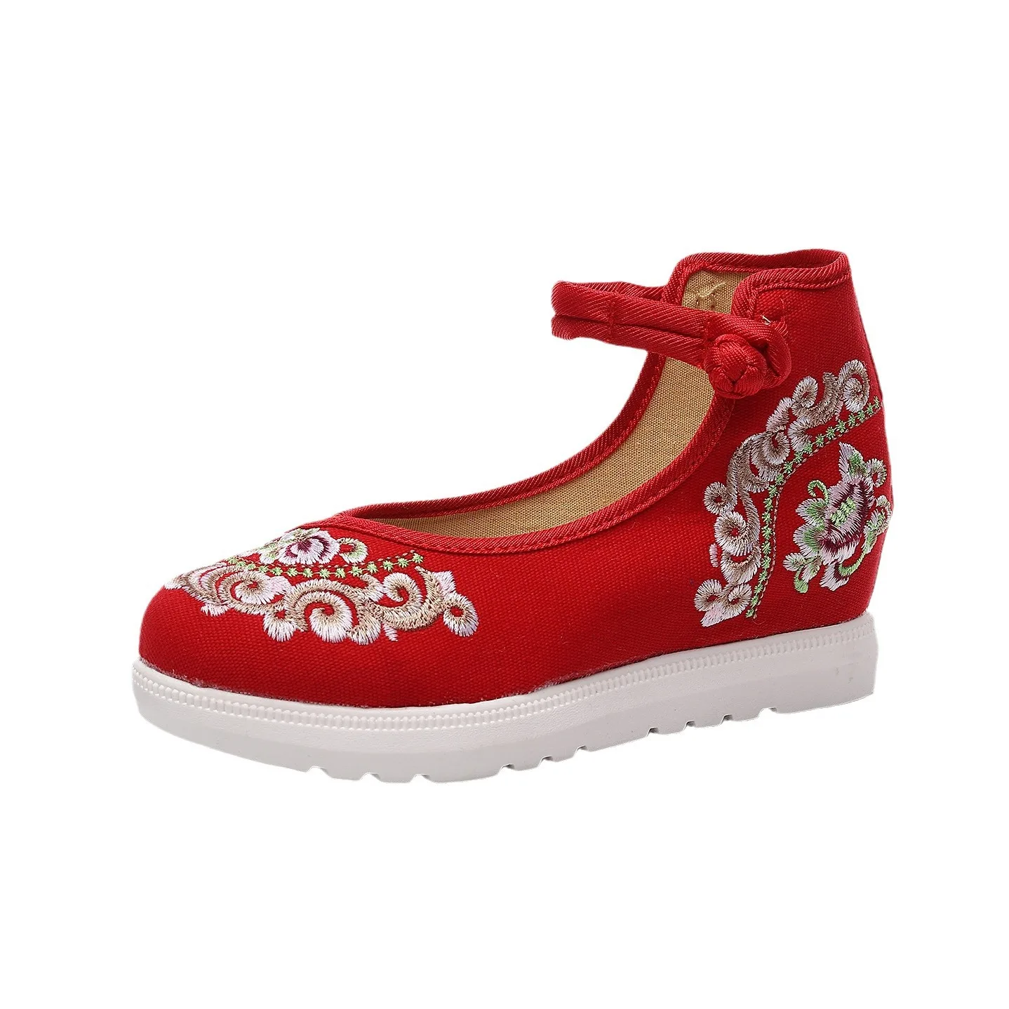 Sapatos de salto alto estilo chinês para mulheres, sapatos de pano bordados, fivela de disco retrô boca rasa, primavera