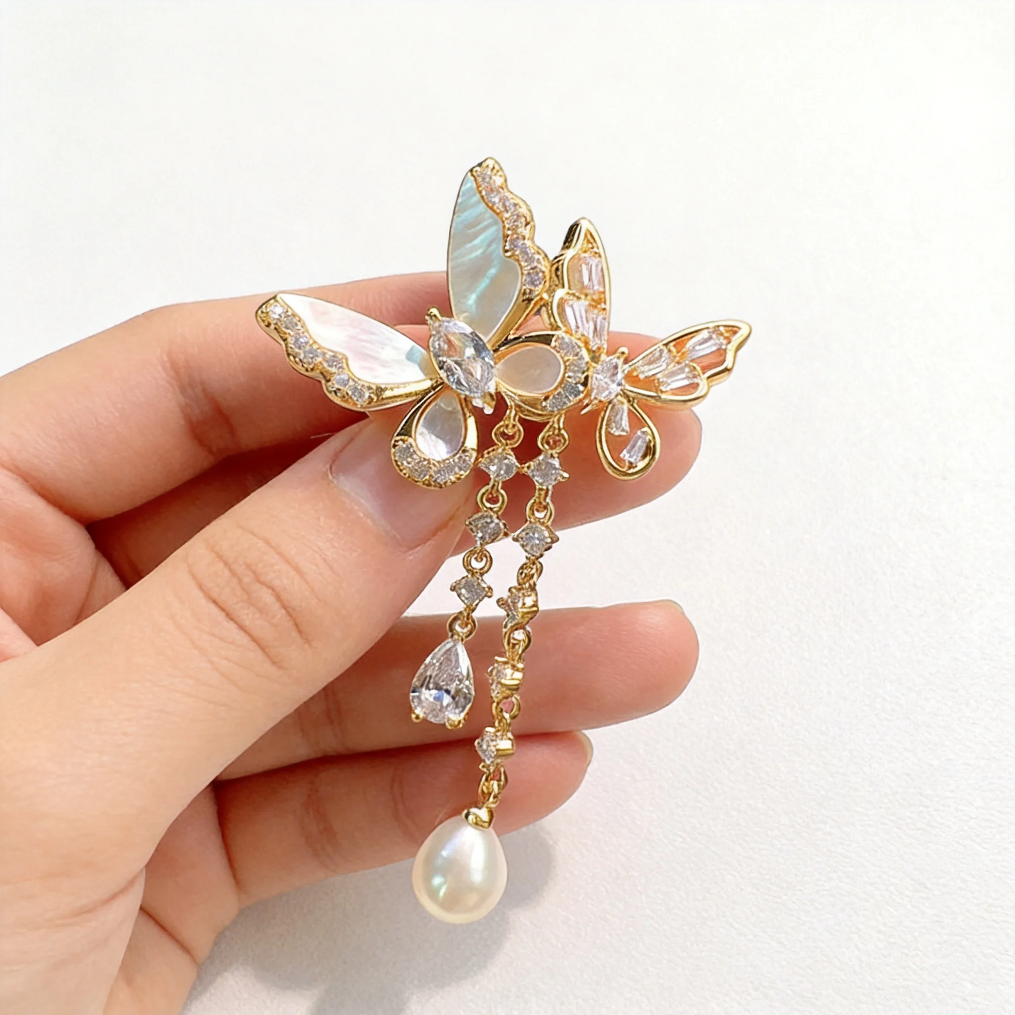 Chinese Style Auspicious Butterfly Tassel Brooch Blank Base Natural Shell Gold Plated Micro Pave Zircon Diy Jewelry Making Pearl