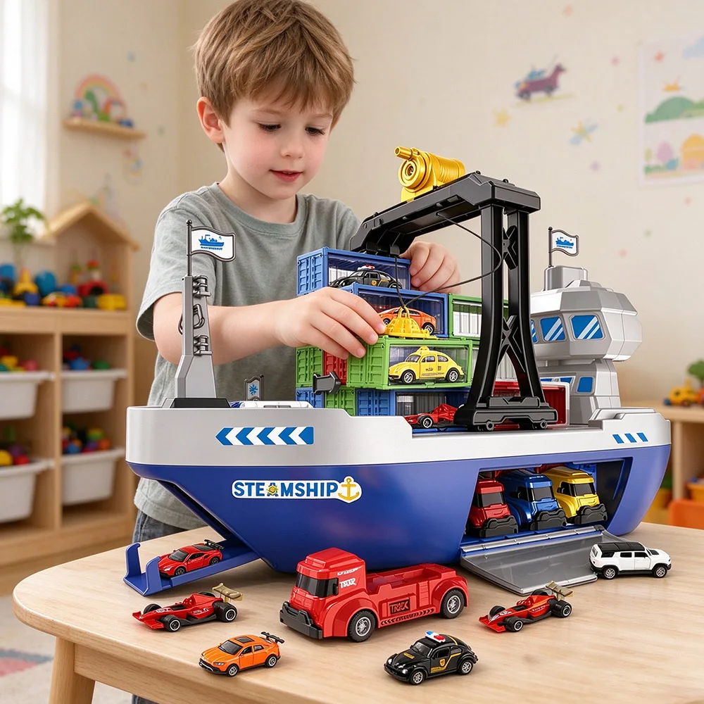 Large Container Cargo Ship With 6 Alloy Cars 6 Containers 1 Container Truck Storage Playset Kids Pretend Play Toy Gift