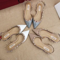 2023 Summer Brand Leather Women's Sandals Classic Rivet Flat Shoes Pointed Toe Sexy Sandals For Party And Weddings Size33-41