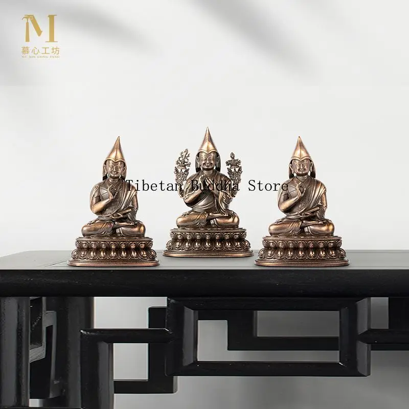 Tsongkhapa, master and apprentice, three pure copper Tibetan master statues, tantra protector statues, home worship ornaments, T