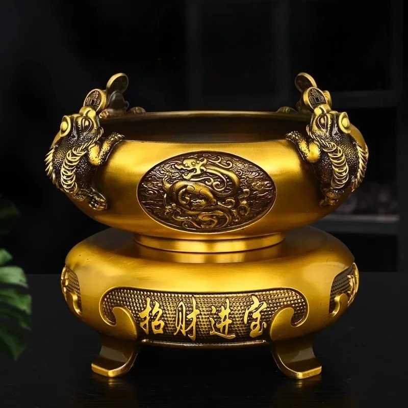 Feng Shui Brass Wealth Golden Toad Money Frog & Treasure Bowl Set Home Office Desk Decor