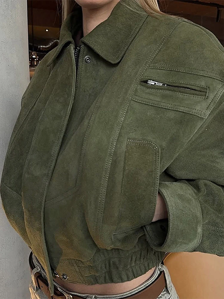 

Brown Green Suede Jackets Women Lapel Zipper Long Sleeve Pockets Bomber Coats 2025 Spring Autumn Lady Loose Motorcycle Outwears