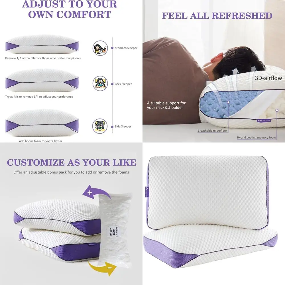 

Queen Size Cooling Memory Foam Pillows - Adjustable, Removable Cover, Ideal for Side, Stomach, and Back Sleepers (2 Pack, 20x28)