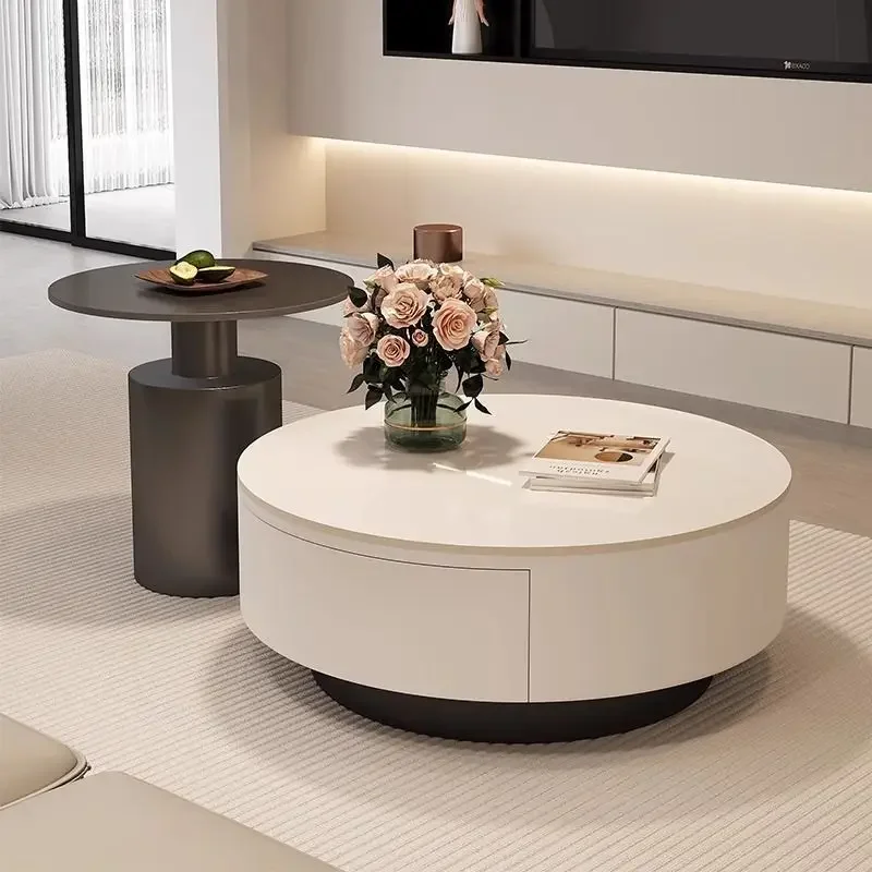 

French black and white round rock slab coffee table combination small apartment living room home simple modern light luxury
