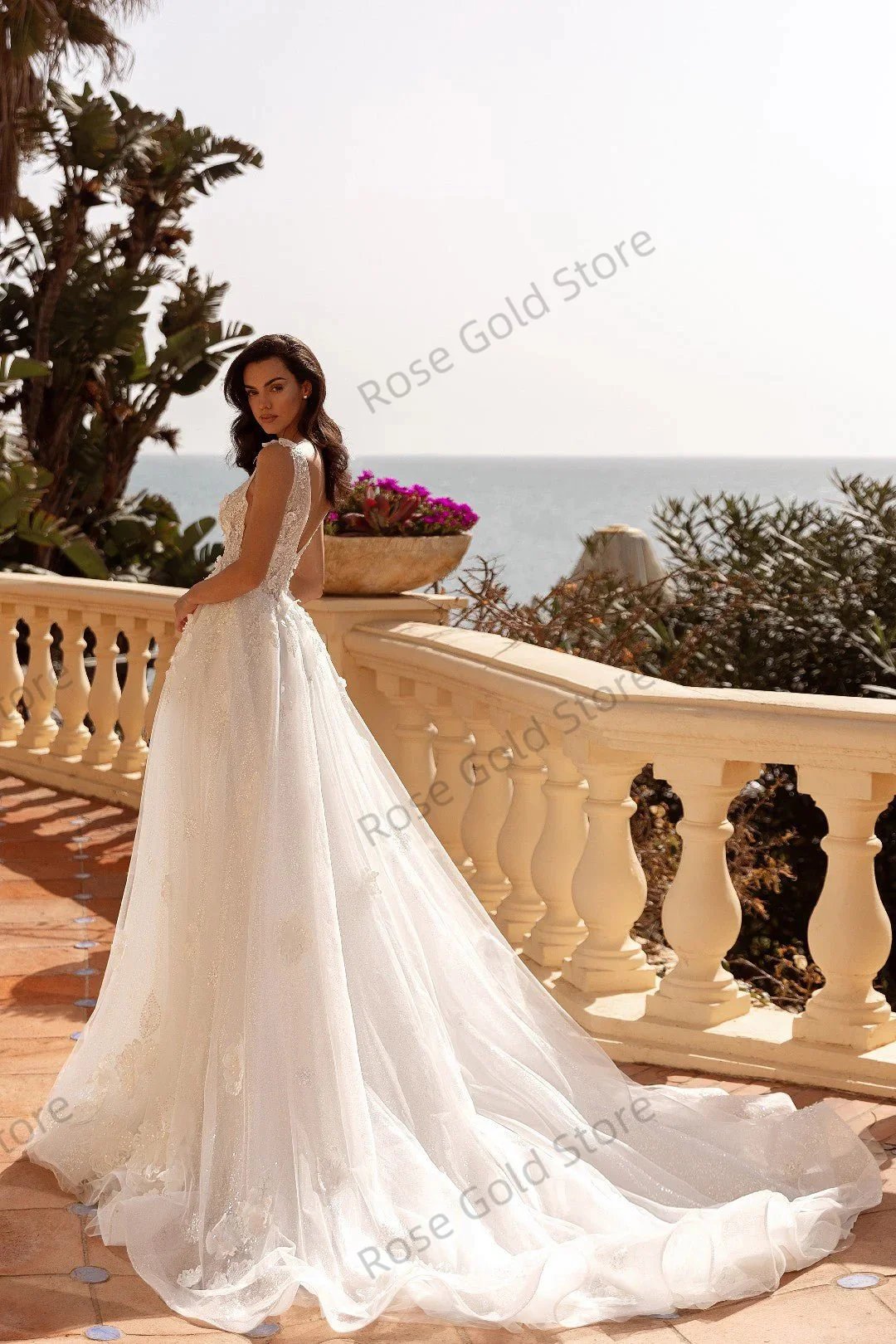 Nouvelles Robes de mariée brillantes pour femmes une ligne col en v Appliques Vestido de Novia sans manches paillettes Robes de mariée personnalisées