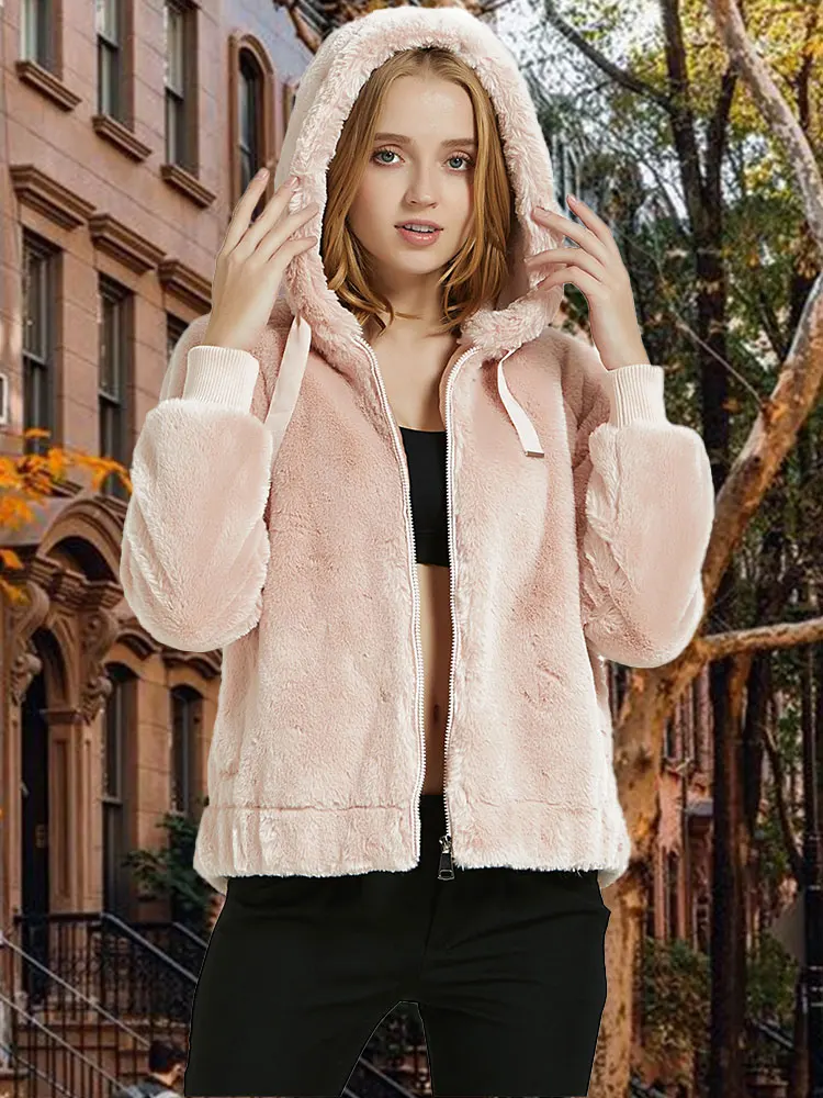 

Giolshon 2022 Women Faux Fur Coat Autumn Winter Warm Soft Zipper Fuzzy Jacket With Hood Female Plush Overcoat Casual Outerwear