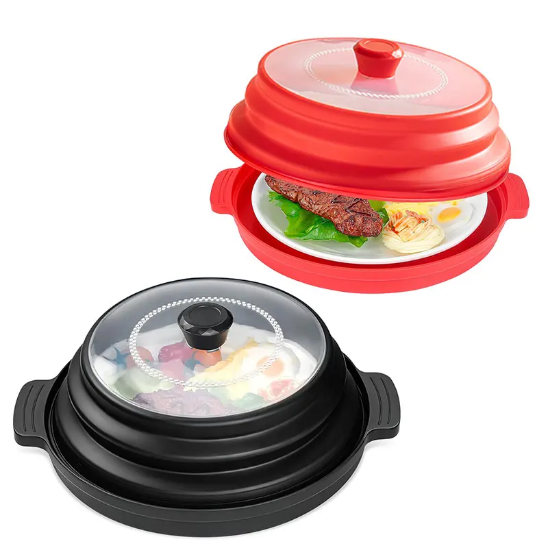 Tapa protectora plegable de silicona con ventilación para microondas, para evitar salpicaduras de alimentos, con bandeja y soporte para platos, colador de cocina