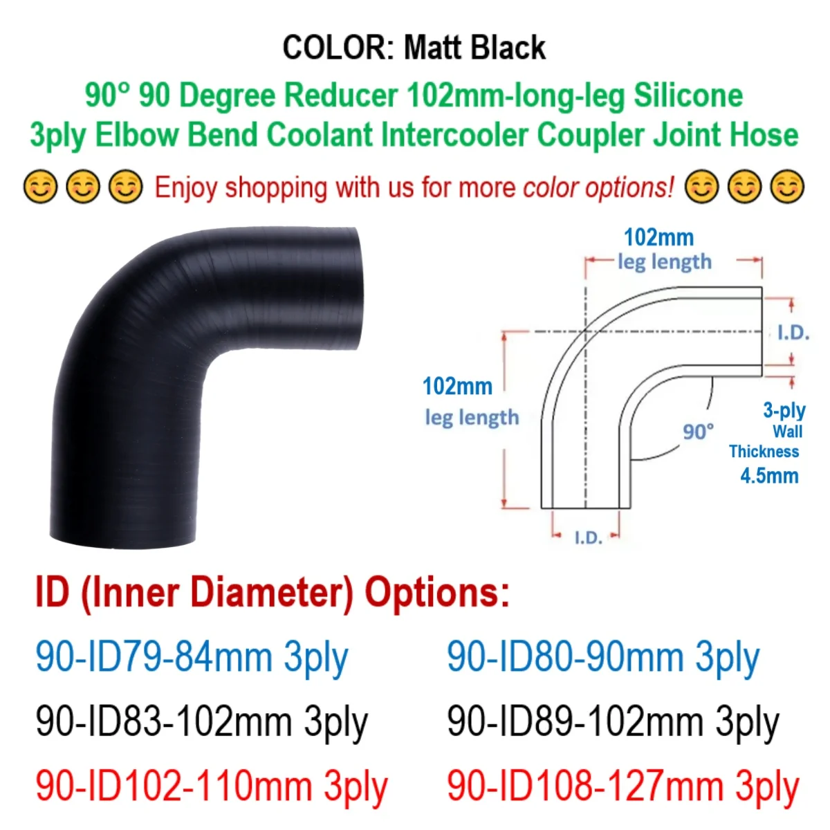 Matt Black 90° 90 Degree Reducer Elbow ID 79 80 83 84 89 90 102 108 110 127 mm Silicone Bend Coupler Hose 3ply 102mm-long-leg