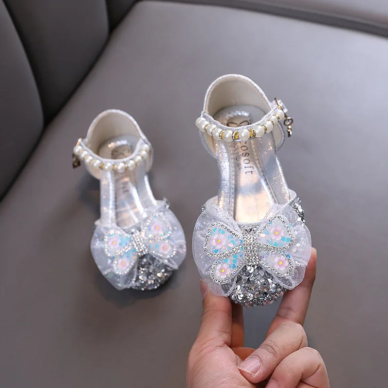 AINYFU Summer Girls Sequins Princess Sandals Children Lace Bow Pearl Sandals New Baby Kids School Party Shoes Size 21-36 J319