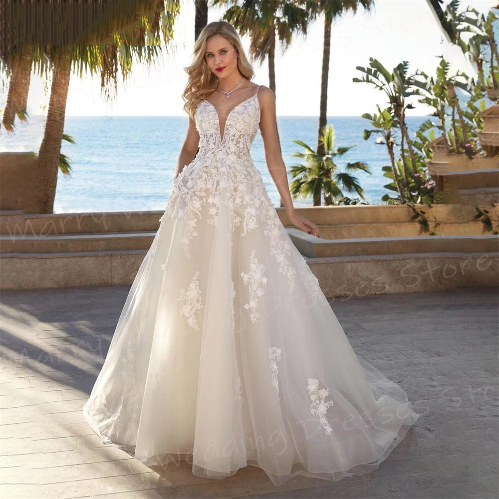 Vestidos de casamento linha A para mulheres, vestidos de noiva sem mangas, sem costas, rendas clássicas, apliques requintados e charmosos