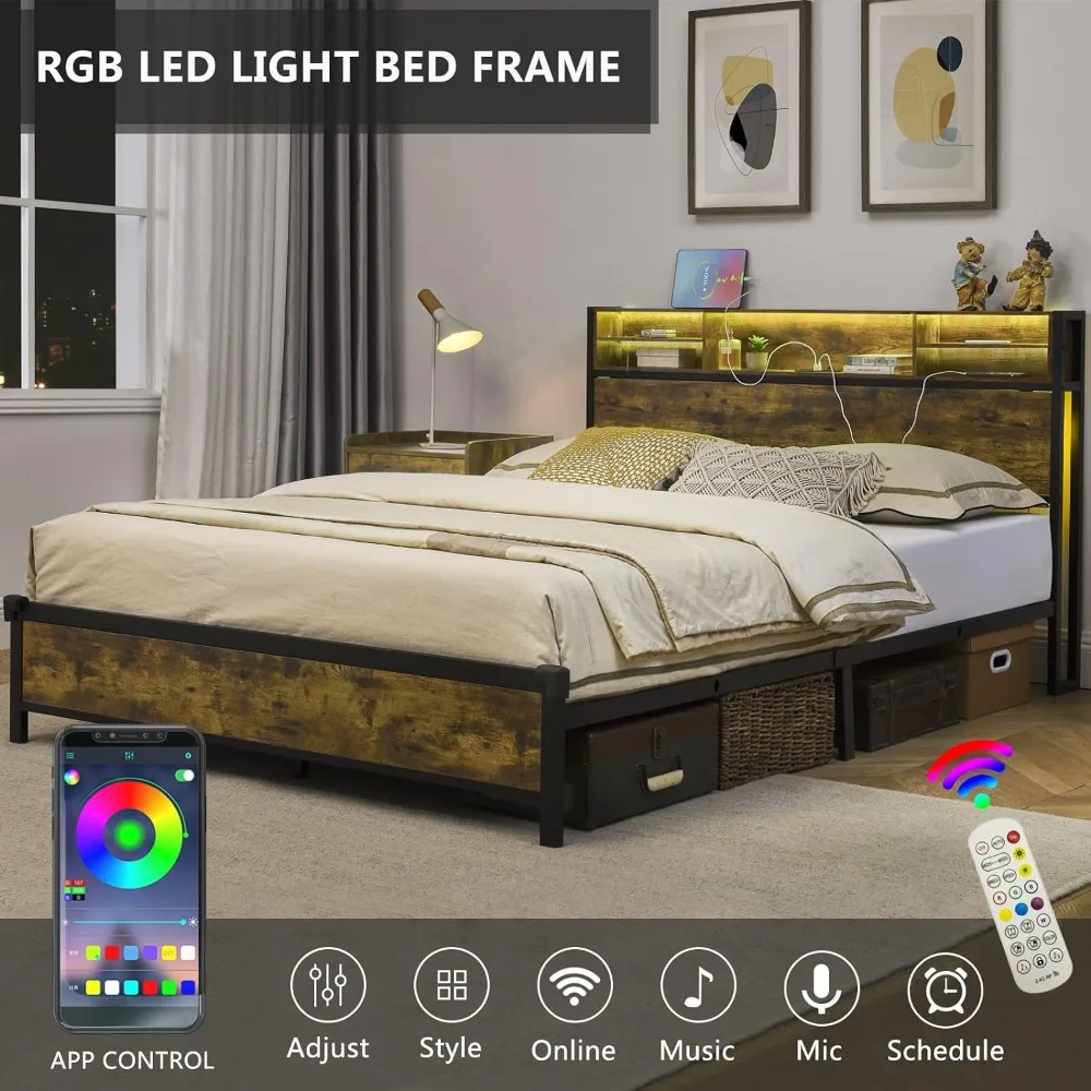 Queen Bed Frame, Bookcase Headboard with Metal Platform Beds Frames, Charging Station and RGB LED Lights Strips, Queen Bed Frame