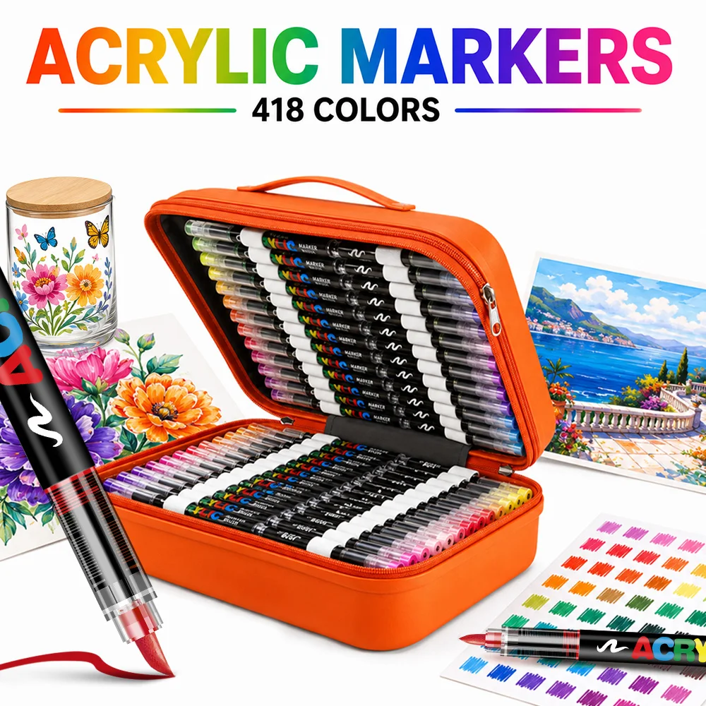 418 Colors Acrylic Markers Brush Tip Illustration Design Professional Painting DIY Crafts Canvas Fabric School Home Art Supplies