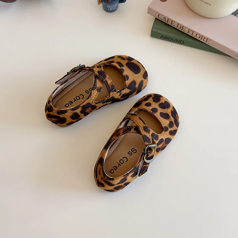 

2025 New Fashion Kids Shoes Baby Girls Vintage Leopard Print Mary Jane Toddler Cute Princess Red Flat Ballet Shoes Anti-slip