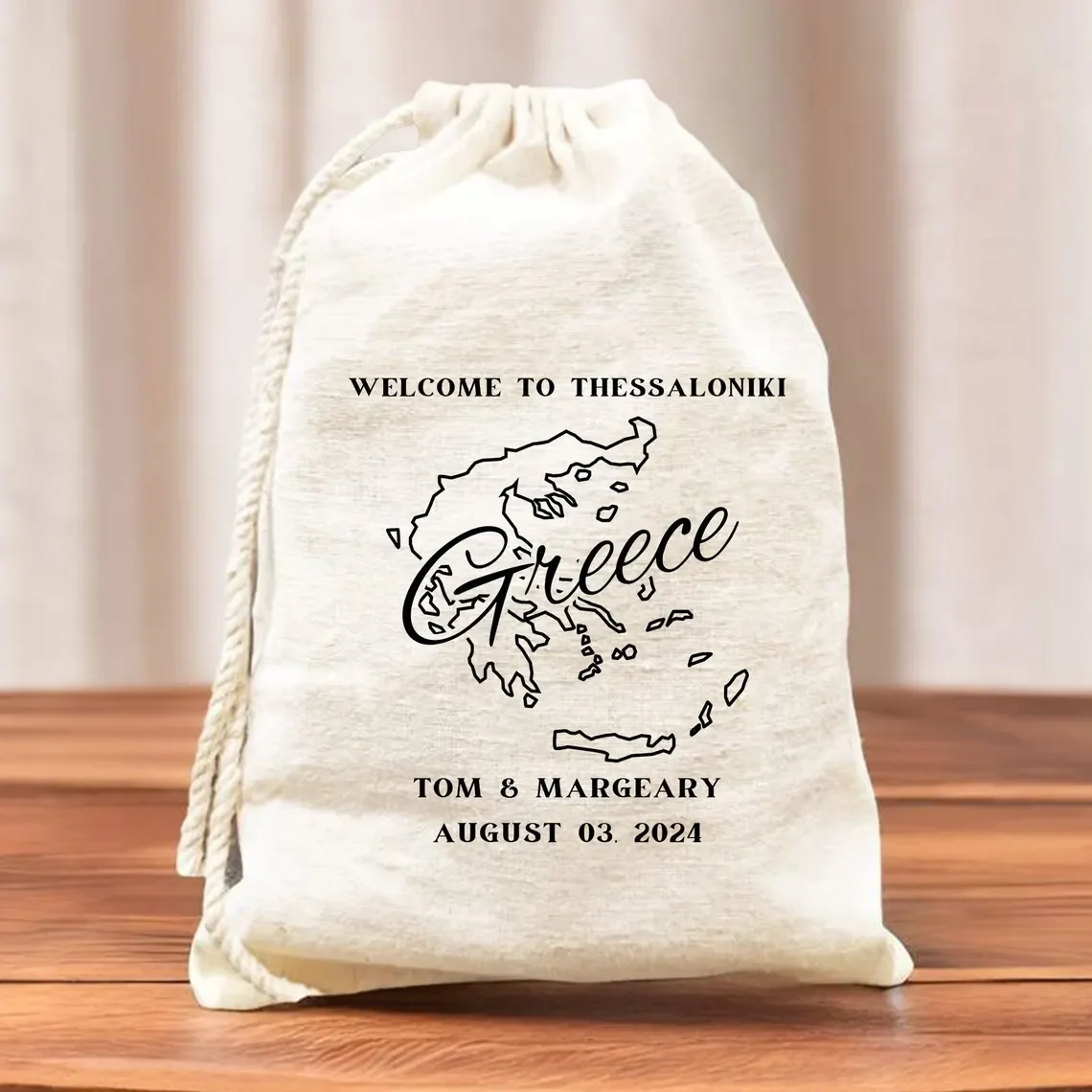 Custom Welcome To Thessaloniki Bag, Greece Destination Wedding Favors, Greece Country Outline Map Bag, Beach Wedding Party Favor