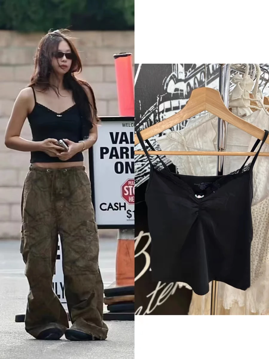 BrandyGirl Jennie 3D Flower V-Ne Lace BM Crop Top Women's Pure Cotton Vest Street Sle Slim Fit ort Length  Color