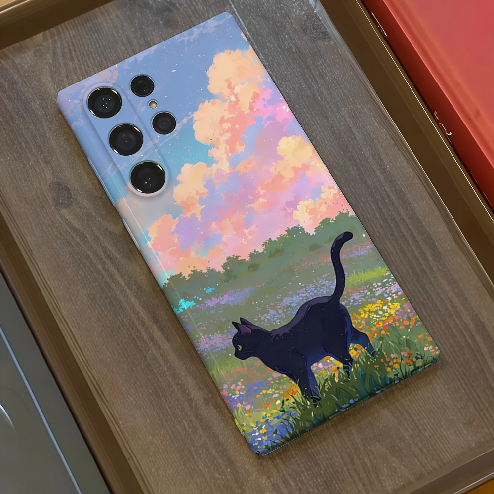 القط الأزهار الغروب قضية الهاتف لسامسونج غالاكسي S25 S24 S23 الترا زائد A35 A89 لامعة HD الغلاف الصلب فيلم قذيفة
