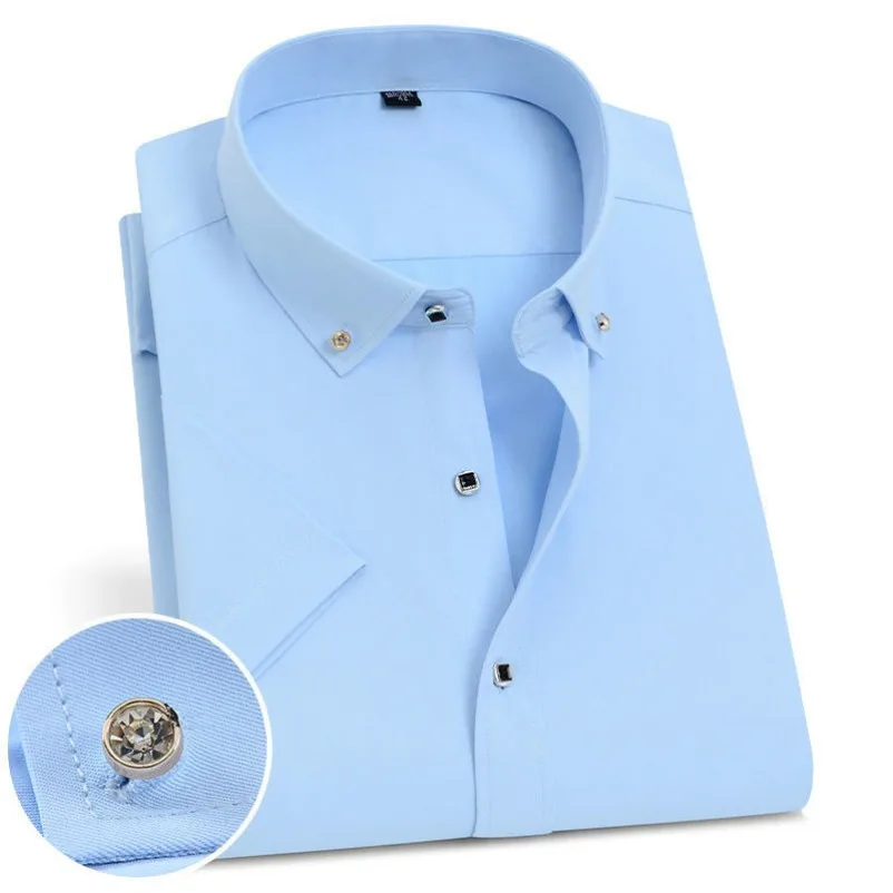 Hot Sale Men's Short Sleeve Business Dress Shirt Formal Fashion Classic Basic Diamond Button Social White Shirt Men Clothing