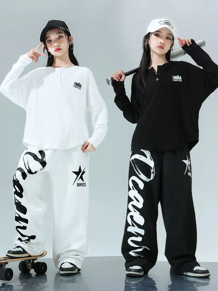 子供 Kpop ヒップホップ服黒、白ルーズ V ネック Tシャツカジュアルスウェットジョガーパンツ女の子ジャズダンスの摩耗衣装服