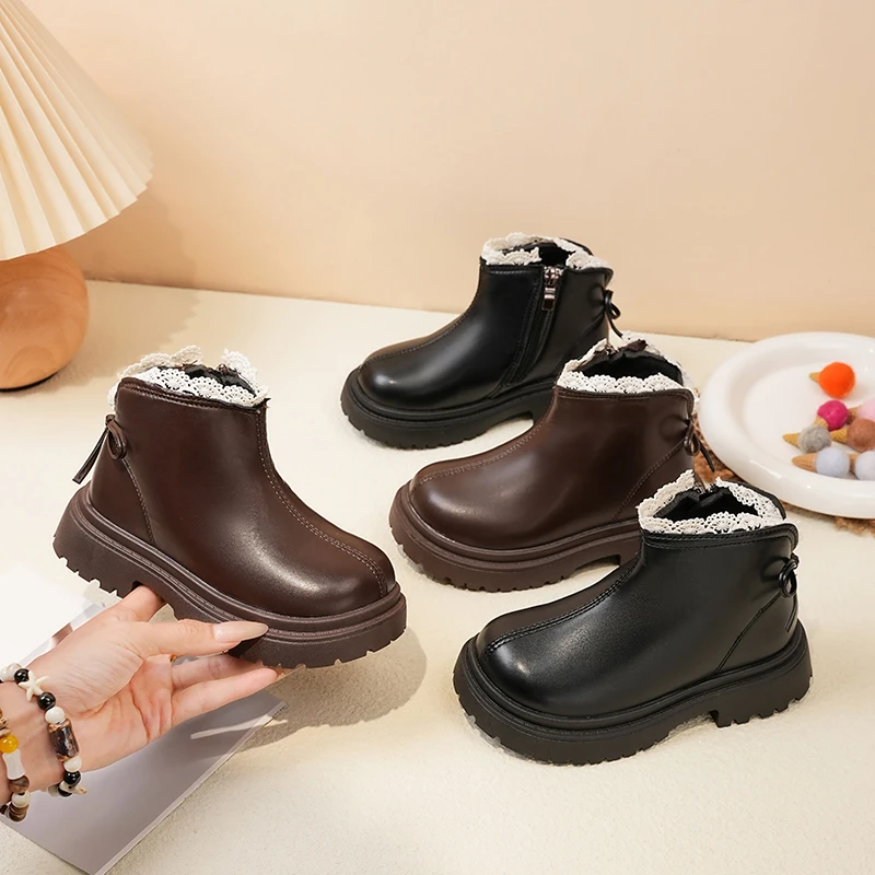 

Новинка 2023 года, ботинки для девочек, осенне-зимние модные детские ботинки с круглым носком и бантом, бархатная теплая детская повседневная обувь на платформе