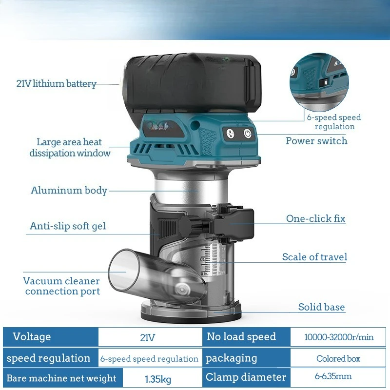 Cordless Brushless Wood Trimmer Router Electric Laminate Slotting Tool for Woodworking Board Cutting and Hole Drilling