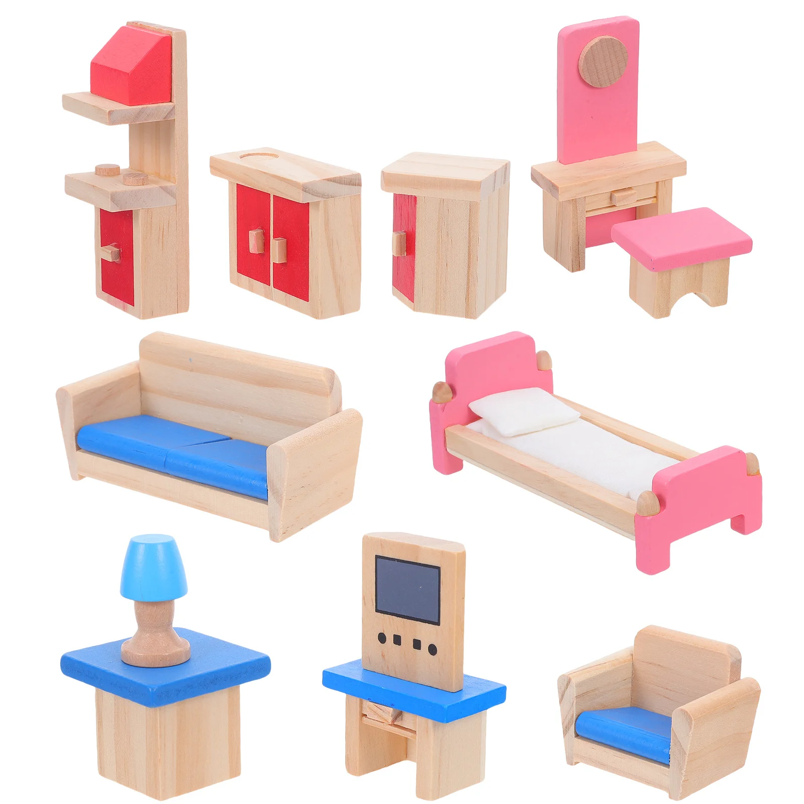 مجموعة واحدة من أثاث بيت الدمى الخشبي، محاكاة واقعية، لعب التظاهر للأطفال، لعب الأدوار، غرفة المعيشة الصغيرة، ديكور المطبخ