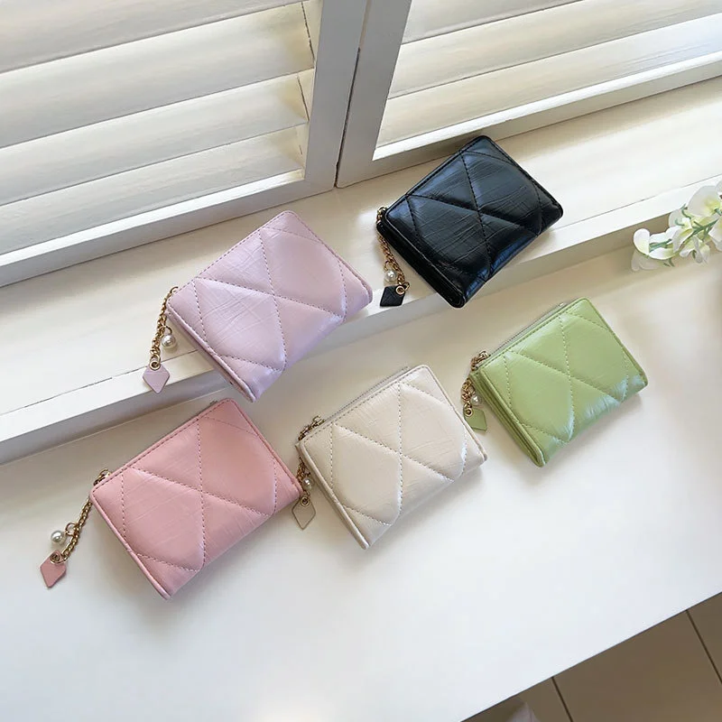 Leather Women Wallets Rhombic Lattice Hasp Small Coin Pocket Purse with Chains Pearl Foldable Portable Multi-Cards Wallet