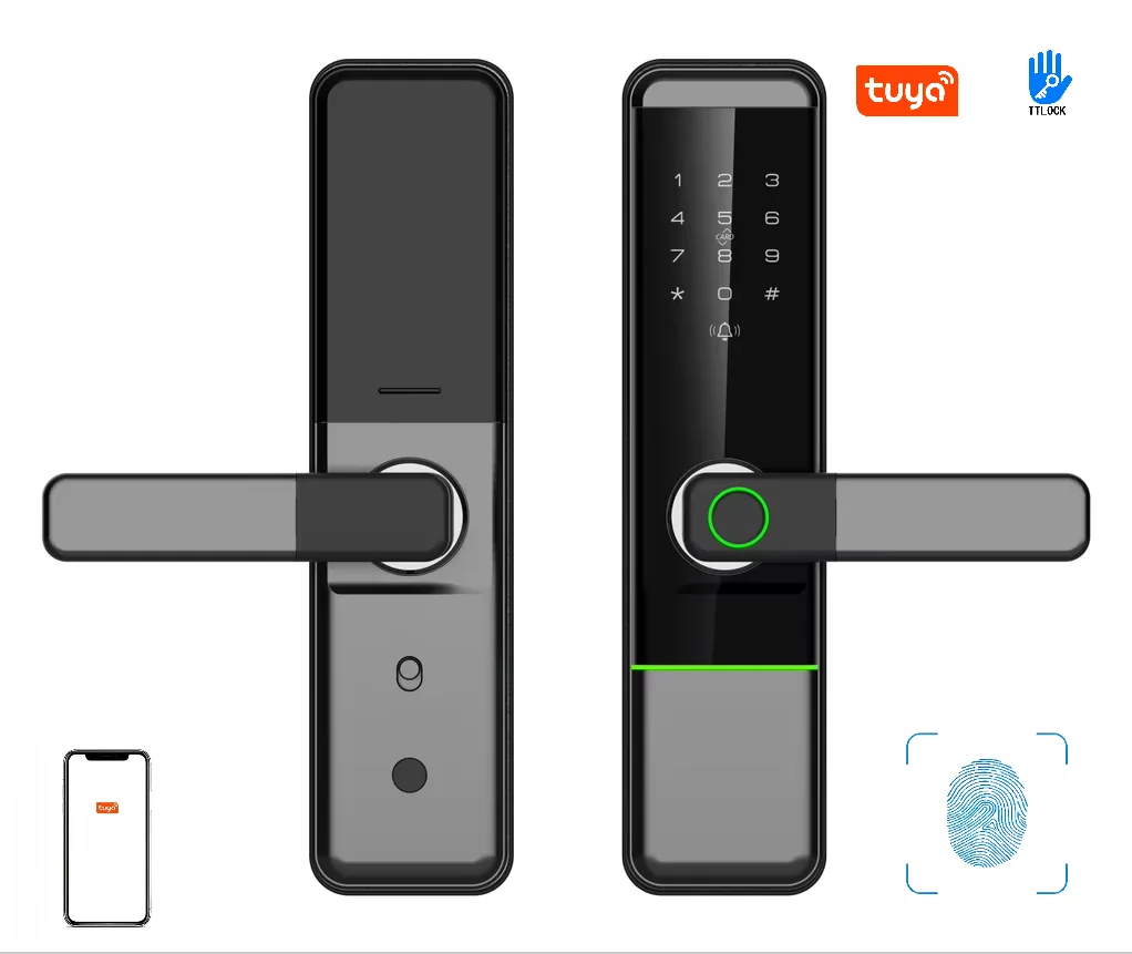 Cloud Data Storage Card Handle Fingerprint Key Wifi-Connected Tuya Ttlock Smart Door Lock for Home Apartment