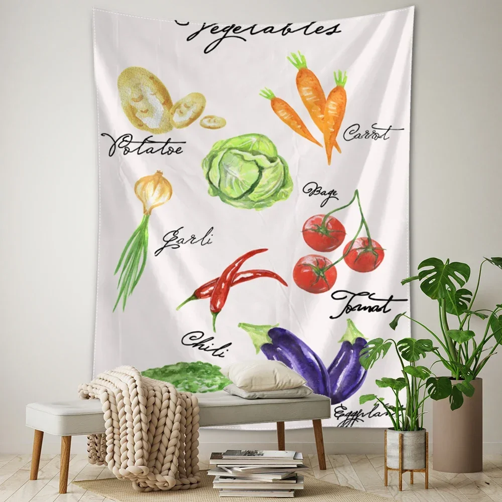 HD-Colorful Vegetable, Fruit & Mushroom Wall Hanging – Retro Style Tapestry for Decorative Wall Art