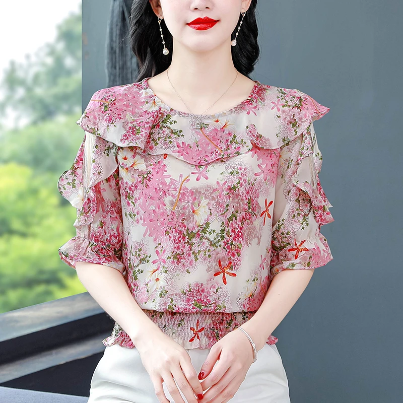 Elegant Ruffled Floral Printed Women tops Summer Chiffon Blouse 2024 Fashion Half Sleeve Patchwork Mesh shirt