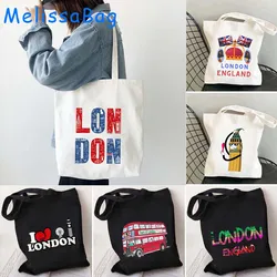 Vintage Big Ben Clock London Bus United Kingdom UK Flag Skyline Landmarks England Lover Gifts Canvas Shoulder Totes Bag Handbag