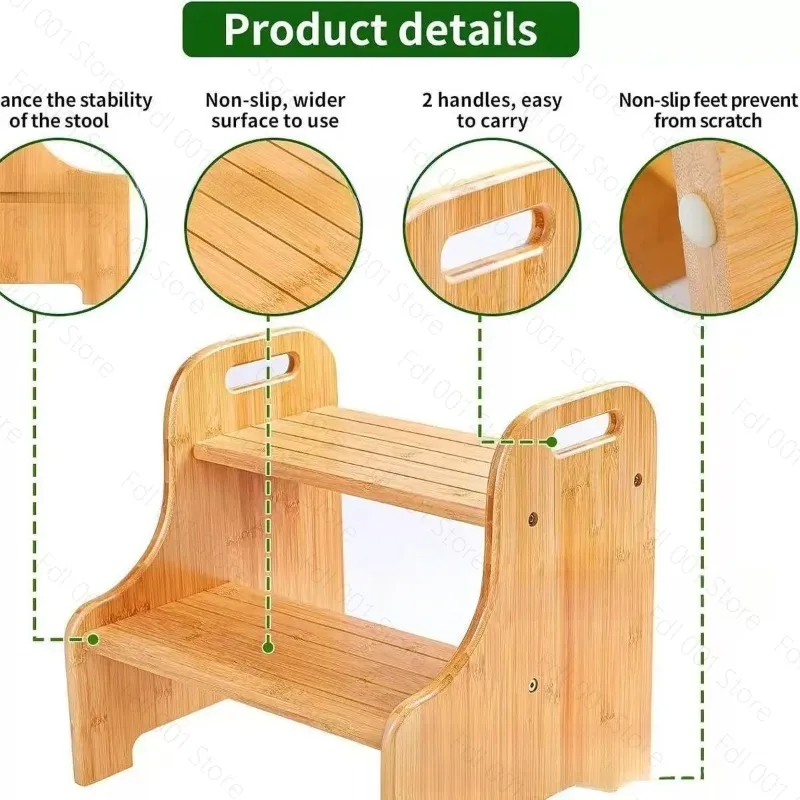Bamboo Step Stool Household Kids Adults Foot Stool for Washing Hands Kitchen Bathroom Sofa