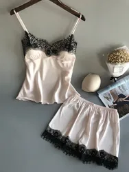 Conjunto de Pijama de satén sin mangas para mujer, lencería Sexy, Tops sin tirantes, pantalones, ropa de dormir